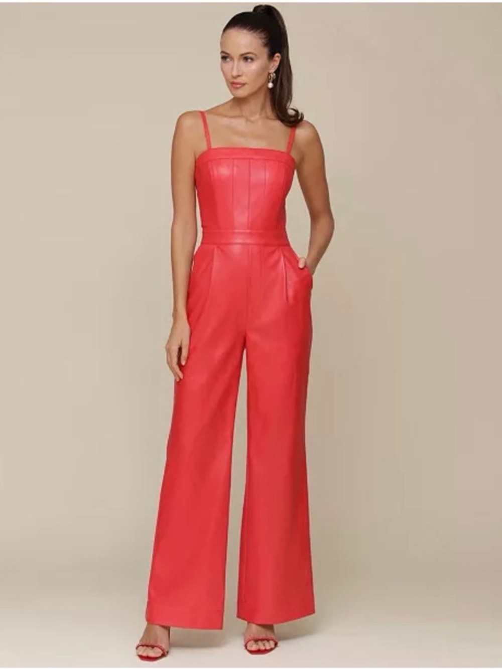Avec Les Filles Coral-Red Wide Leg Strap Jumpsuit - Brand New